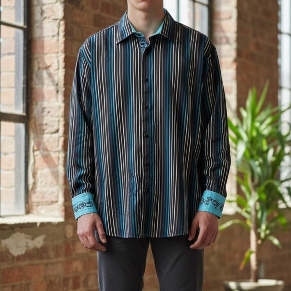 Luchiano Visconti Choco Brown Blue Striped Button Down‎ Embroidered Cuff Shirt